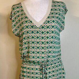 Green and Orange Geometric Pattern Dress Sz M Drawstring Short Sleeve _Paris